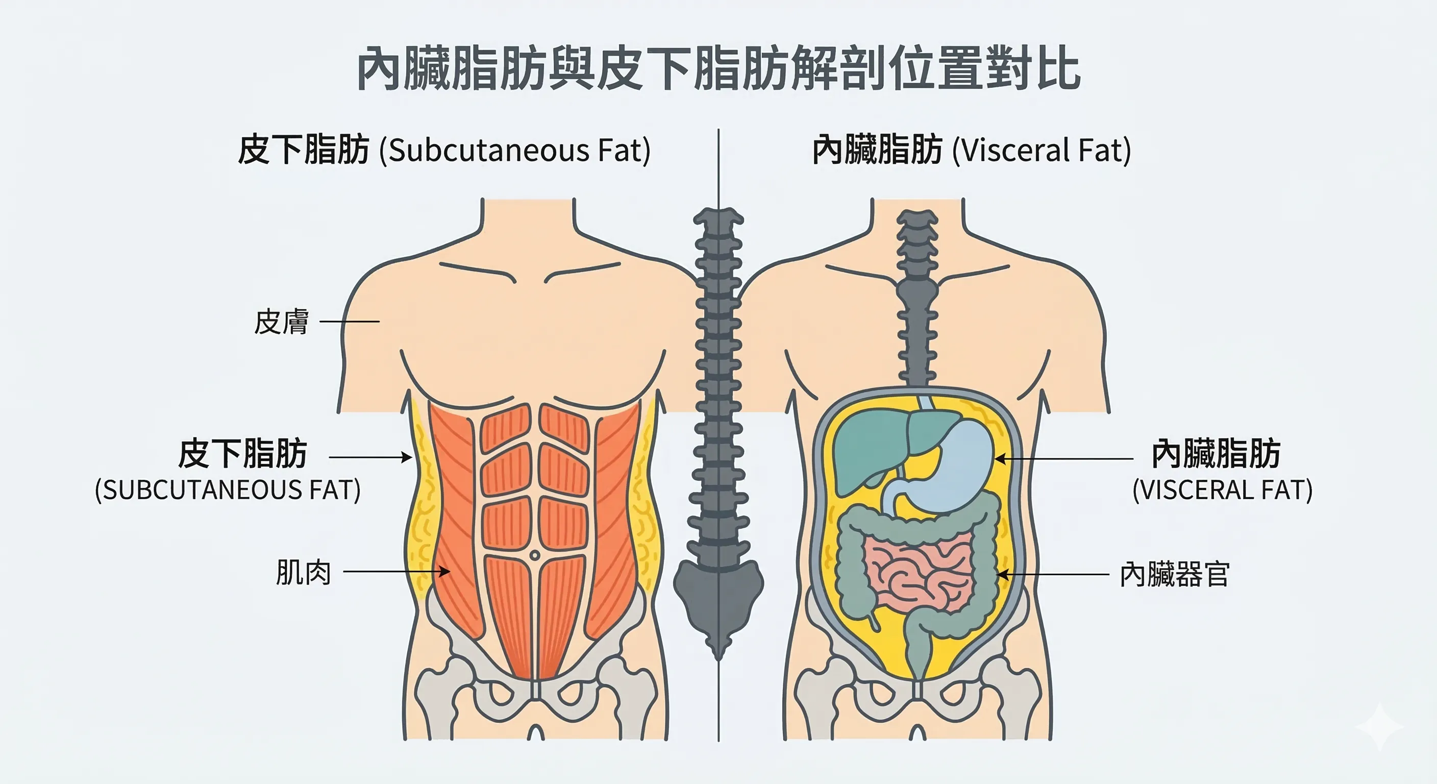 內臟脂肪與皮下脂肪解剖位置對比